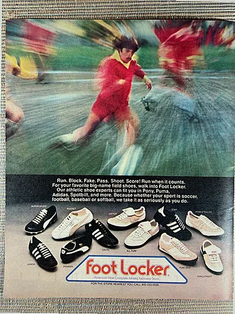 Foot Locker Soccer Cleats Boots Adidas Puma Pony Spotbilt 1981 Vintage Print Ad