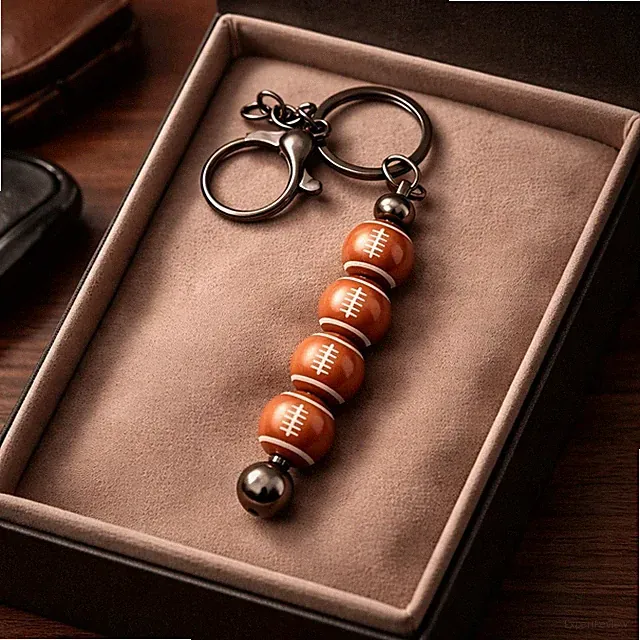 Football Sports Keychain Bag Charm – Brown & White Laced Beads – Gunmetal Hardwa