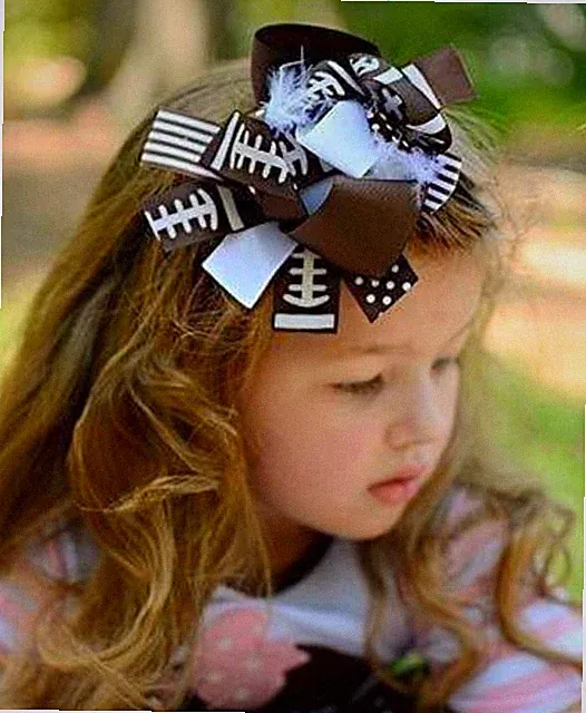 Girls Football Hair Bow, Layered Boutique OTT Hair Bow with Boa Feather Center