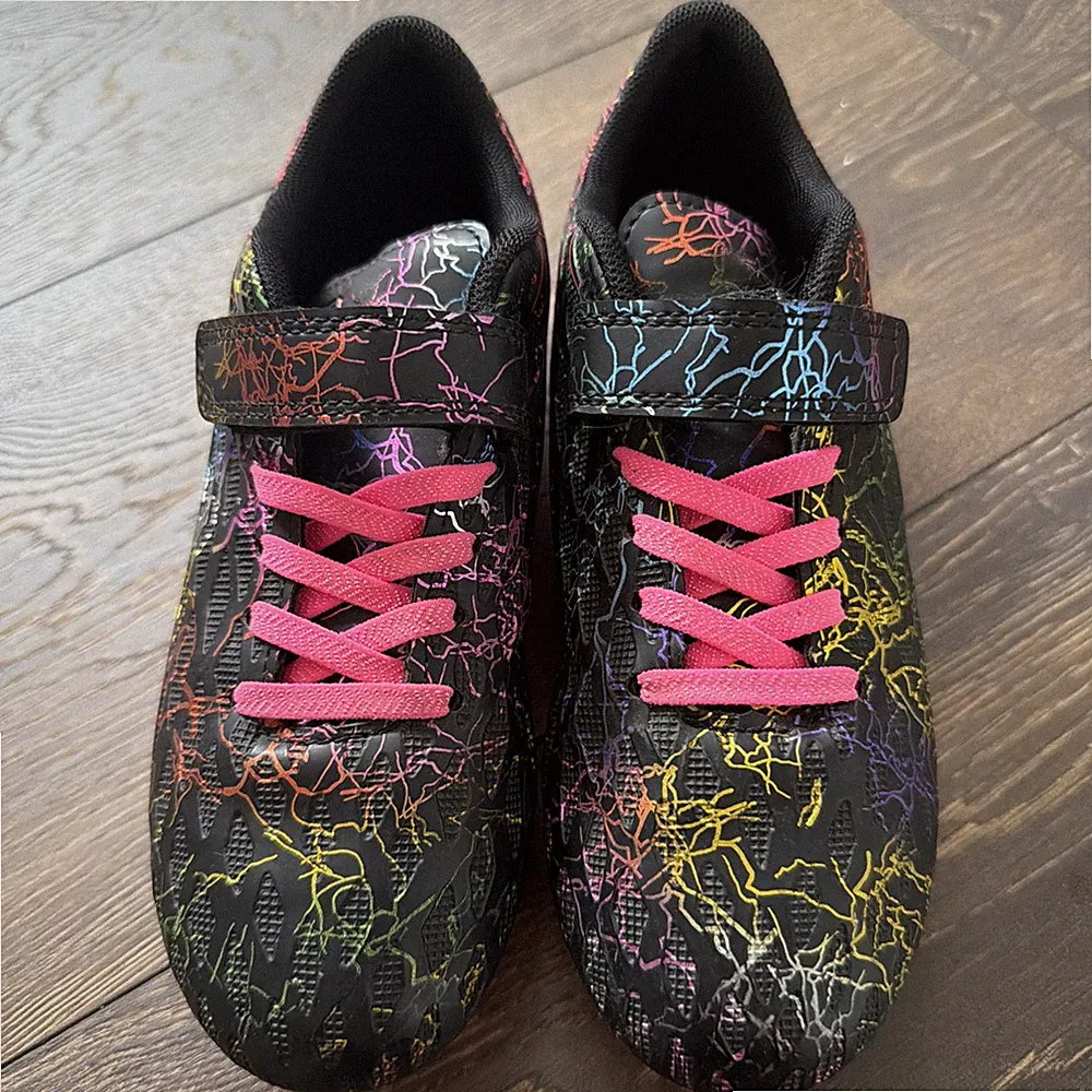 Girls Soccer Cleats Size 2 Pink Laces Black Multi Color Pattern Youth