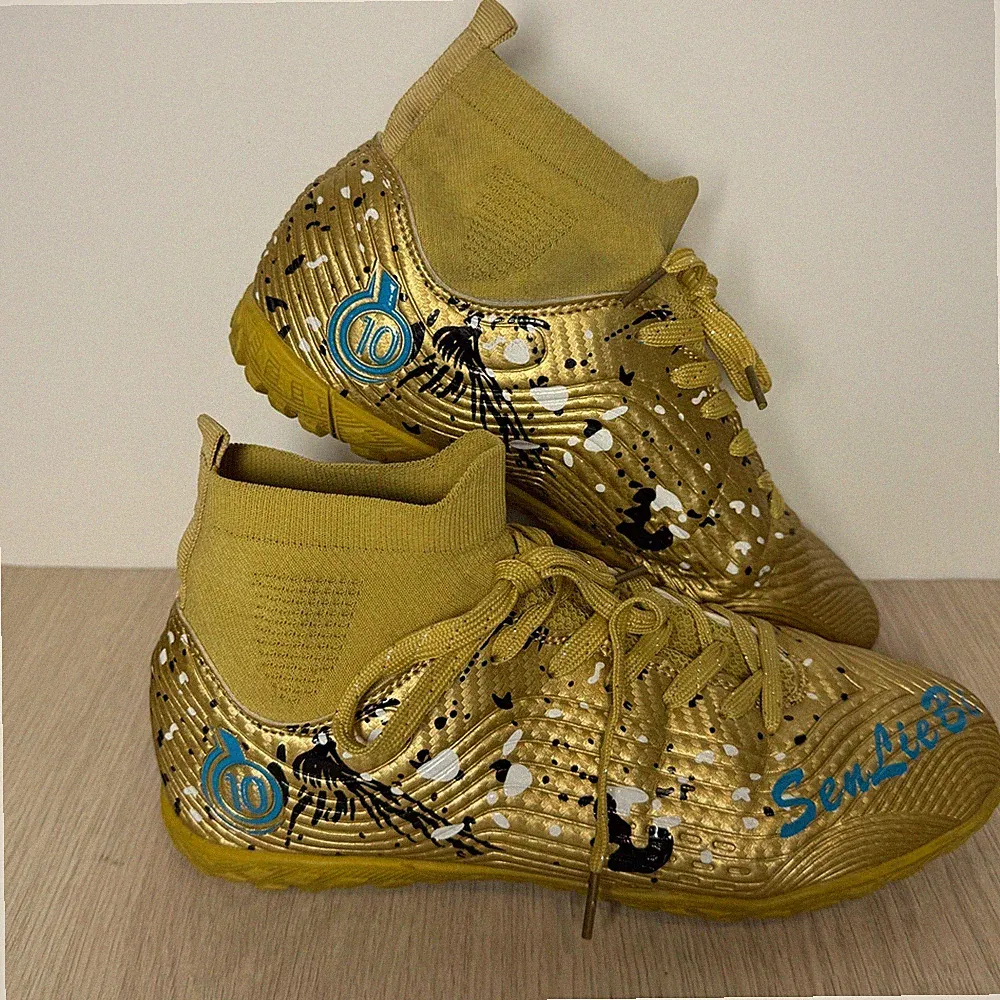 Gold Metallic Soccer Cleats High Top Turf Shoes Paint Splatter Design Size 38