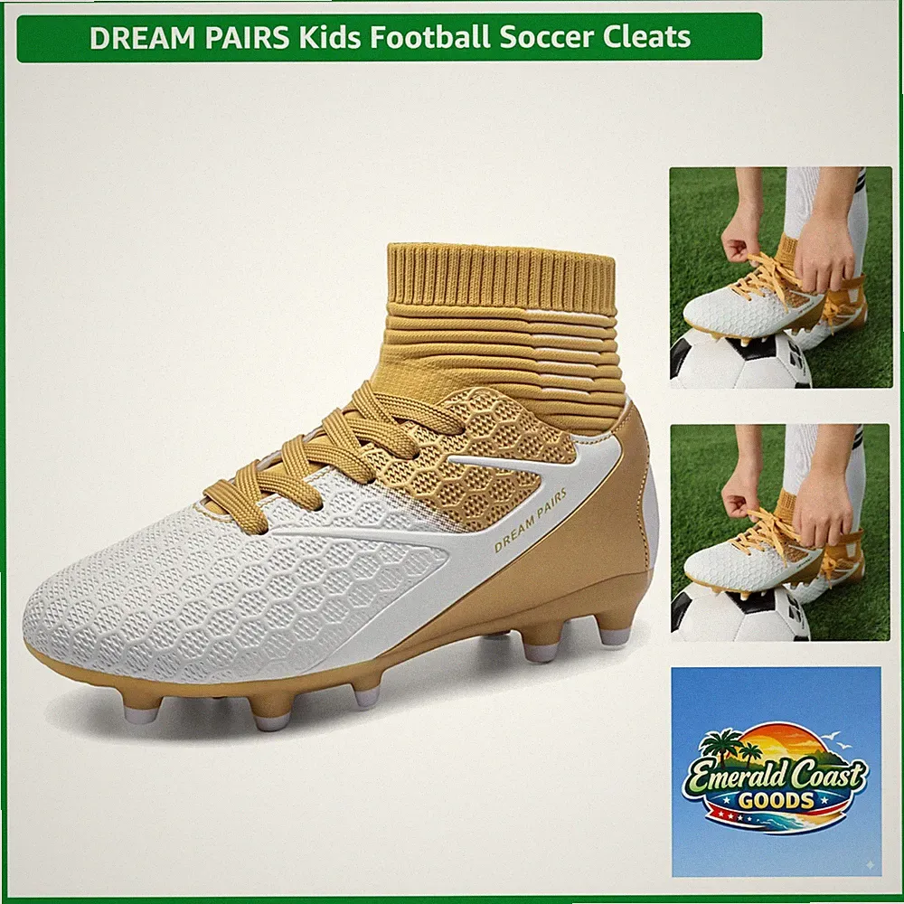 Gold/White Kids Soccer Cleats - Slip-Resistant & Supportive for Young Players
