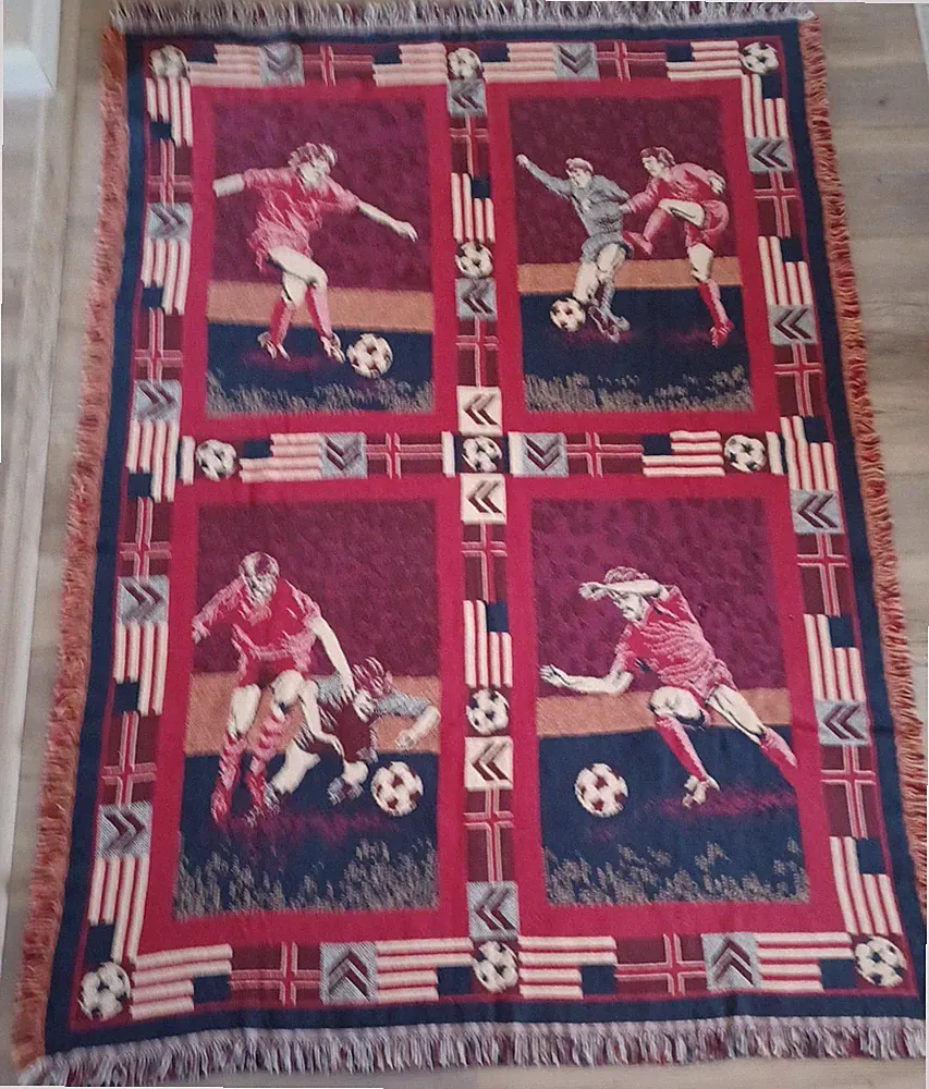 Goodwin Weavers Soccer Throw Tapestry Blanket Red Black USA 50x70" Fringed Vtg.