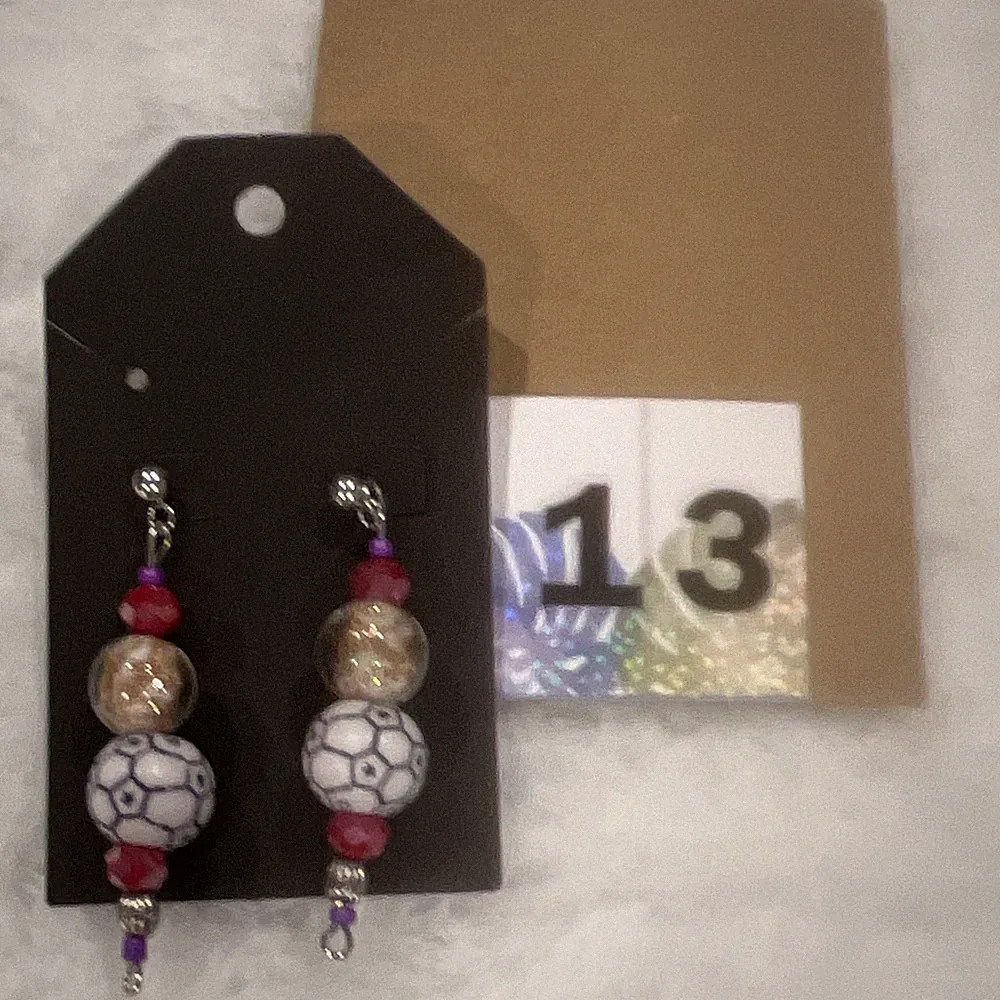 Handcrafted Beaded Dangle Earrings Soccer Ball Bead Multicolor Pink Gold Accents