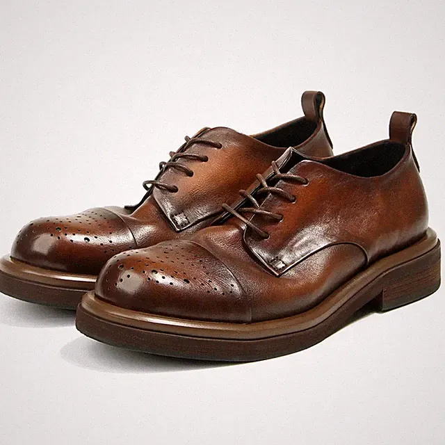 Handmade Flat Shoes Men Cow Leather Formal Dress Sneakers Retro Carved Patterns