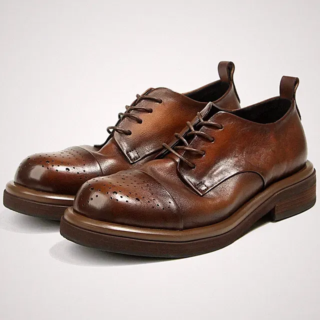 Handmade Flat Shoes Men Cow Leather Formal Dress Sneakers Retro Carved Patterns