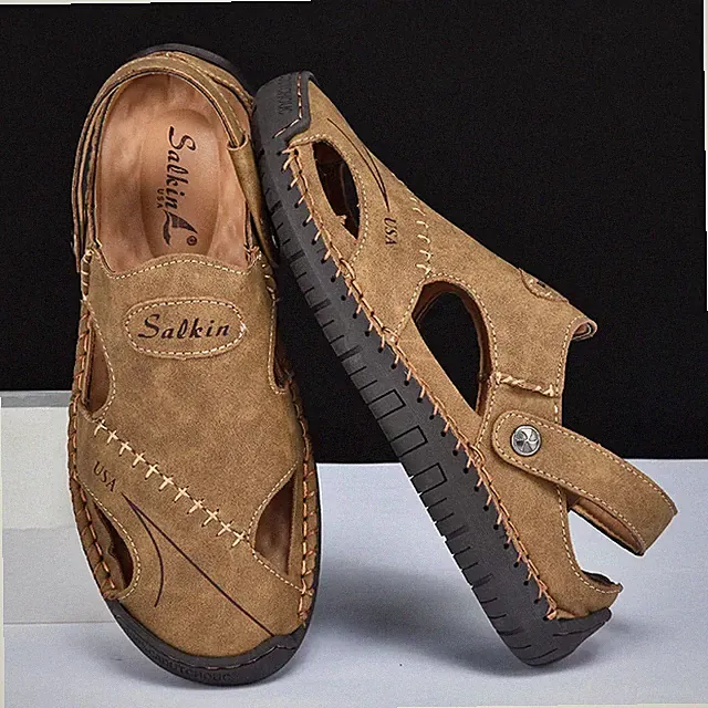Handmade Summer Sandals Mens Leather Walking Shoes Outdoor Hollow Beach Footwear