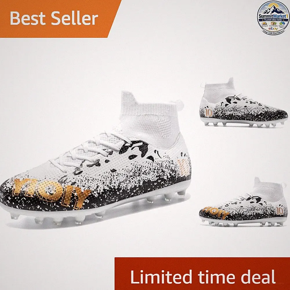 High-Top Soccer Cleats Men Women Youth Training Football Shoes White/Black/Gold