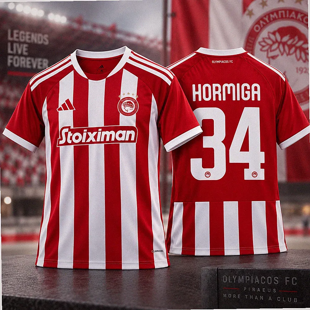 Hor-miga #34 Olympiacos 26-27 Home Soccer Jersey Red White Men’s Fan Shirt