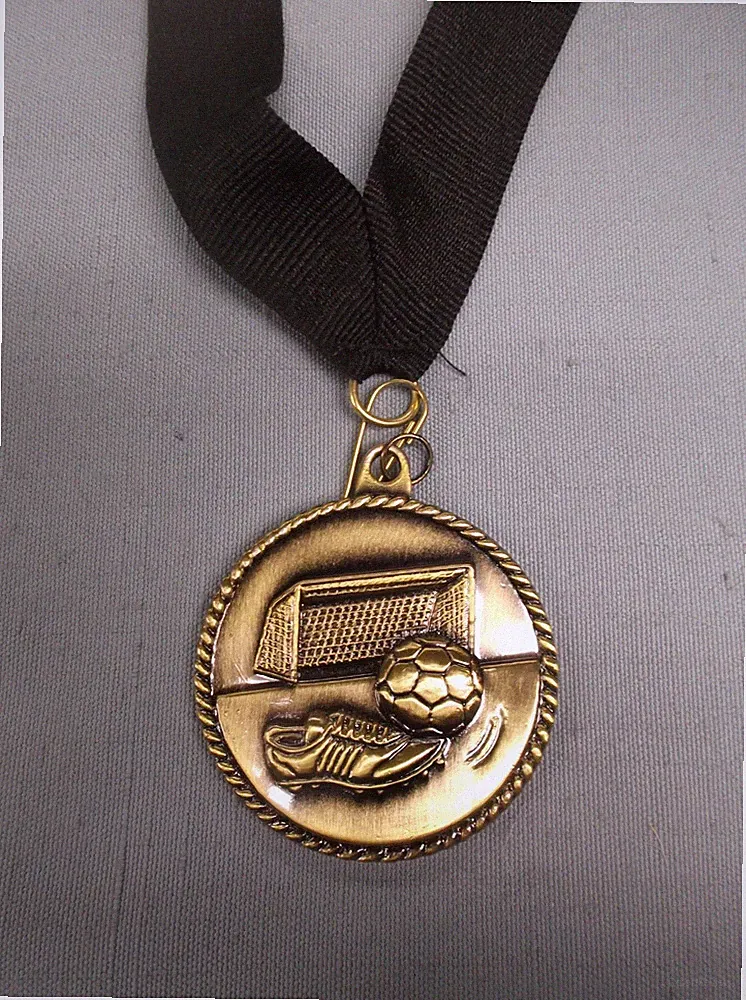 HR745 Soccer Medals – 2″ – Gold, Silver, Bronze – Black Neck Ribbons