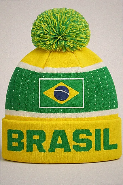 Icon Sports Brazil Pom Pom Beanie Flag Knit Yellow Green Adult Winter Hat OSFM