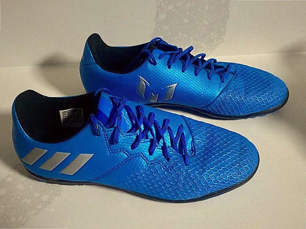 Indoor Soccer Cleats Messi 16.3TF Blue Silver Adidas Soccer Shoes Size US 5.5Y