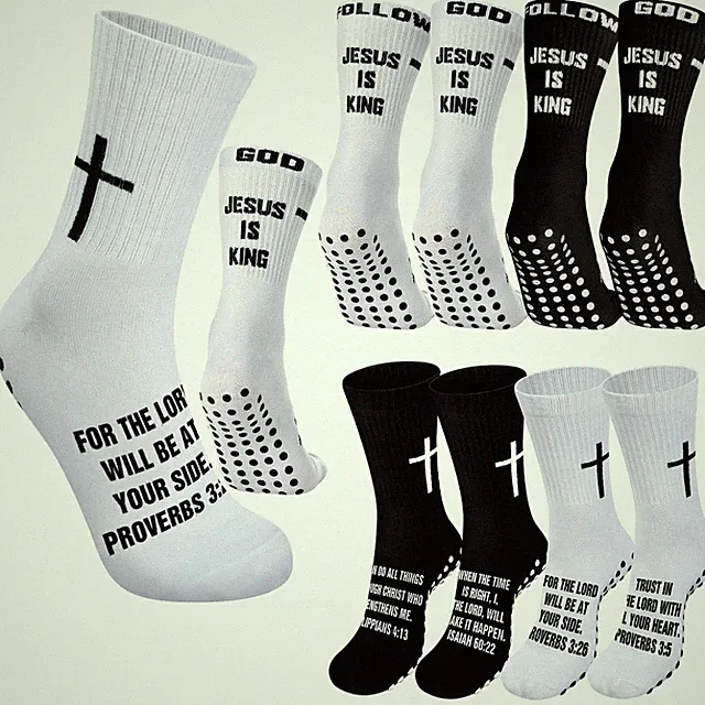 Jamntower 4 Pairs Cross Grip Soccer Socks with Bible Verse Anti Slip Religious