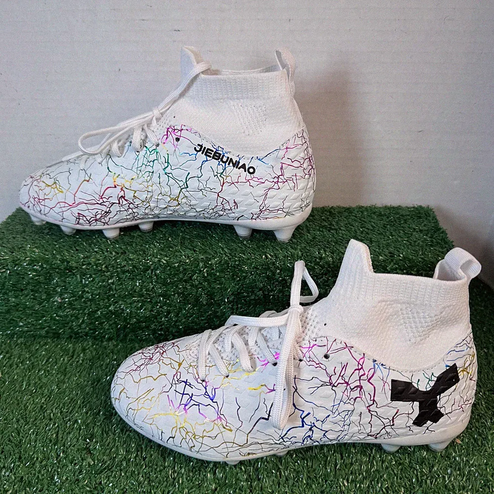 Jiebuniao Kids Soccer Cleats White Rainbow Lightning High Top Athletic Shoes