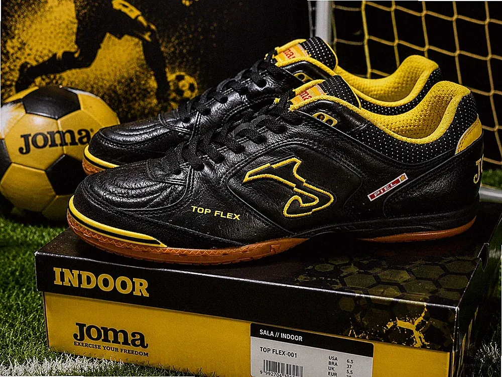 Joma Top Flex 001 Indoor Soccer Shoes Black Yellow Leather Mens US 6.5 EU 39