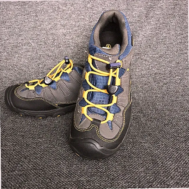 KEEN Pagosa Low Womens 5 Waterproof Bungee Hiking Boots Blue Gray Yellow NWOT