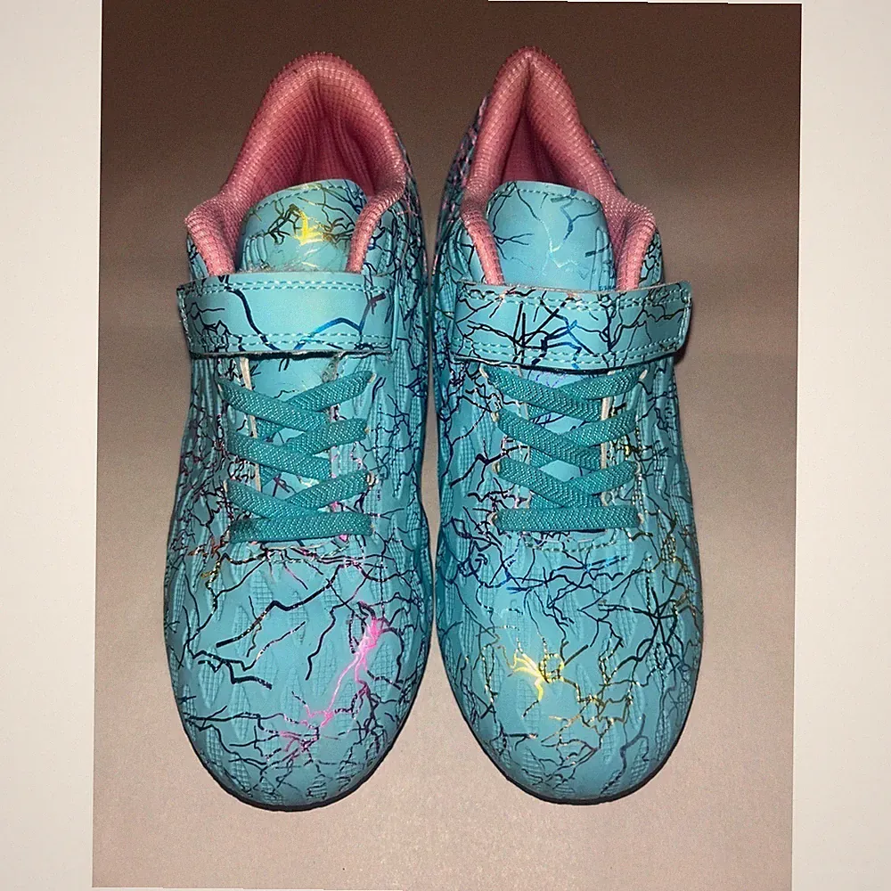 Kids Blue Pink Crackle Soccer Cleats Athletic Shoes Size 3.5 Hook and Loop Strap