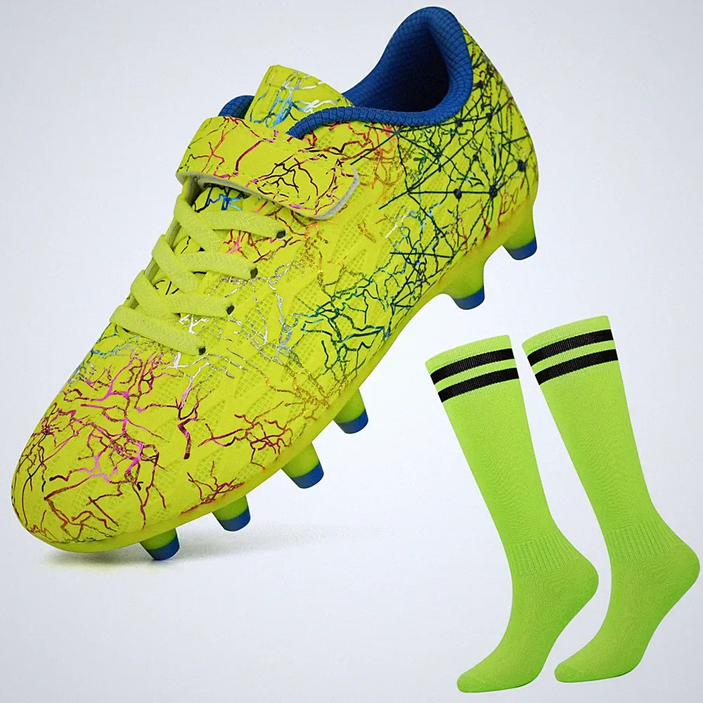 Kids Firm Ground Soccer Cleats Boys Girls Football Boots with Soccer Socks Lime