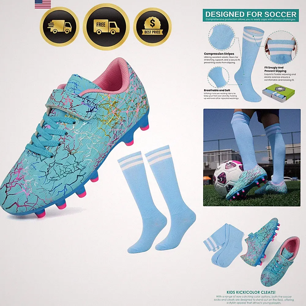 Kids Firm Ground Soccer Cleats Boys Girls Football Cleats with Soccer Socks