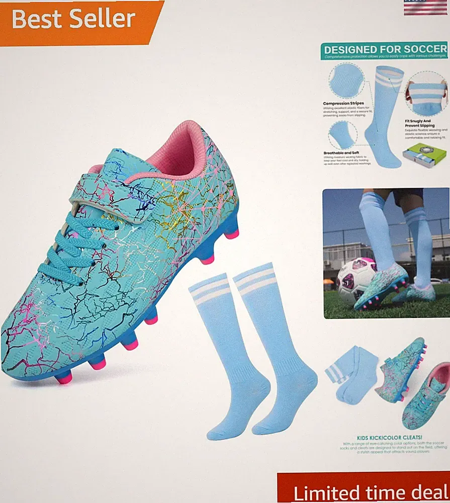 Kids Firm Ground Soccer Cleats Boys Girls Football Cleats with Soccer Socks
