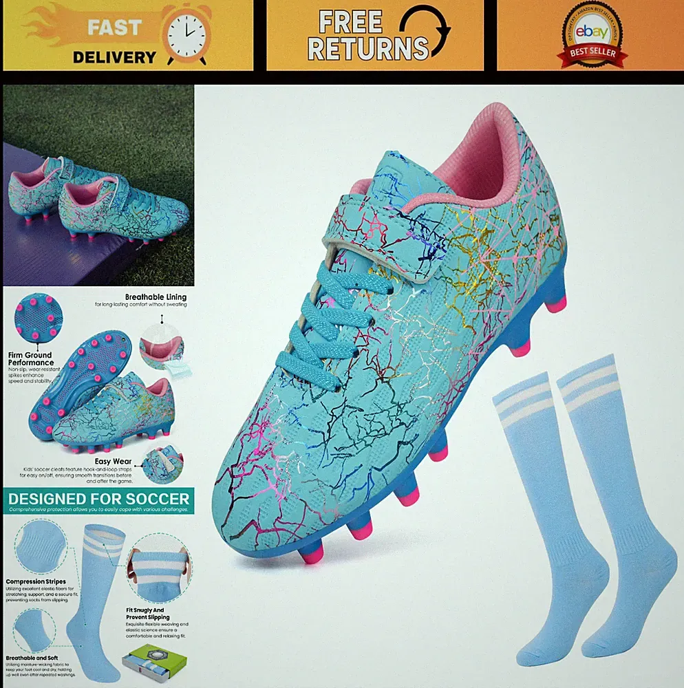Kids Firm Ground Soccer Cleats for Boys & Girls + Soccer Socks - Football Shoes
