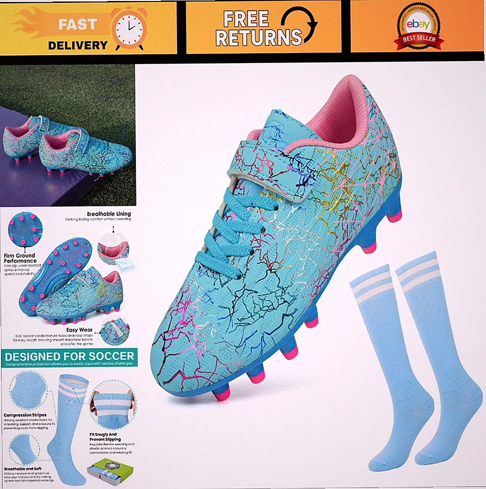 Kids Firm Ground Soccer Cleats for Boys & Girls + Soccer Socks - Youth Football
