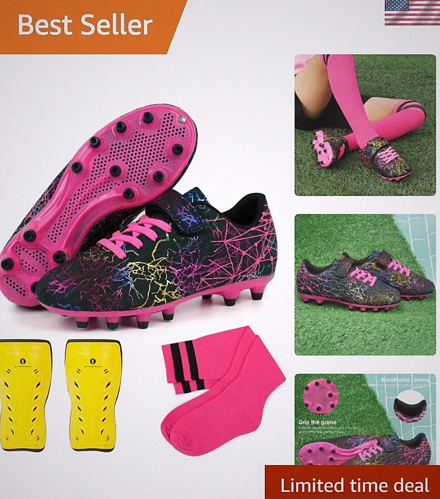 Kids Firm Ground Soccer Cleats Girls Football Cleats with Shin Guards and Soc...