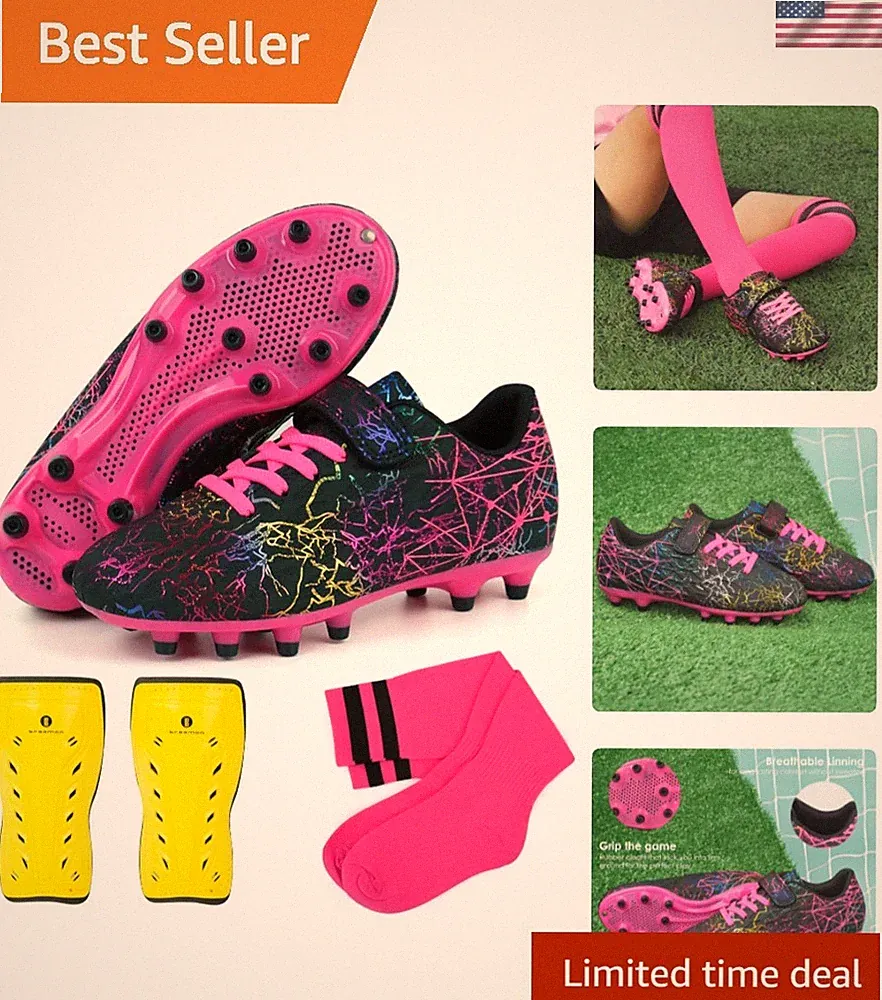 Kids Firm Ground Soccer Cleats Girls Football Cleats with Shin Guards and Soc...