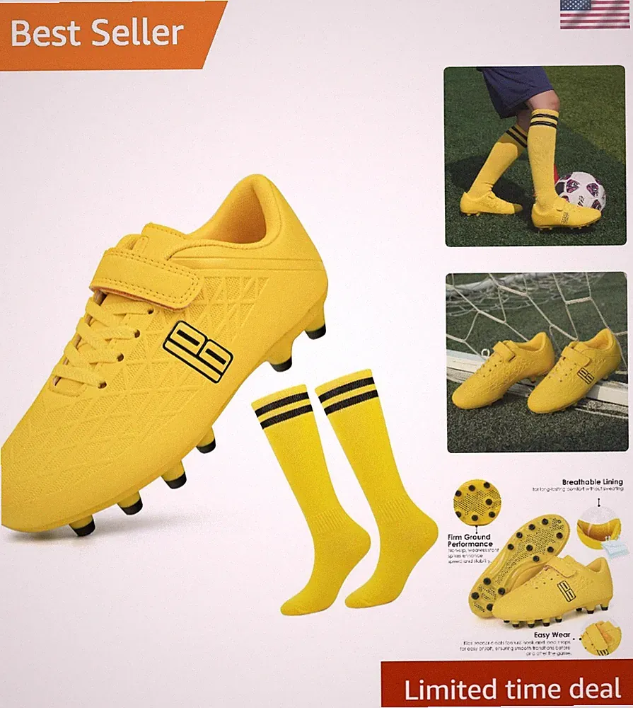 Kids Firm Ground Soccer Cleats with Vibrant Yellow Socks - Size 2, Lightweight