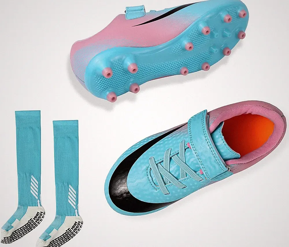 Kids Soccer Cleats Blue/Pink – US 7 Youth – Includes Grip Socks – New No Box