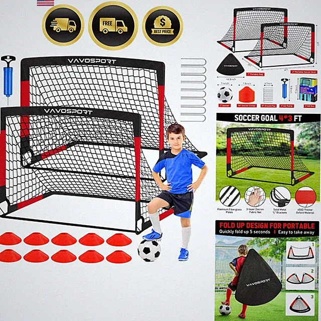 Kids Soccer Goals for Backyard Set, 2 of 4x3 / 6x4 ft Portable Soccer Goal Ne...