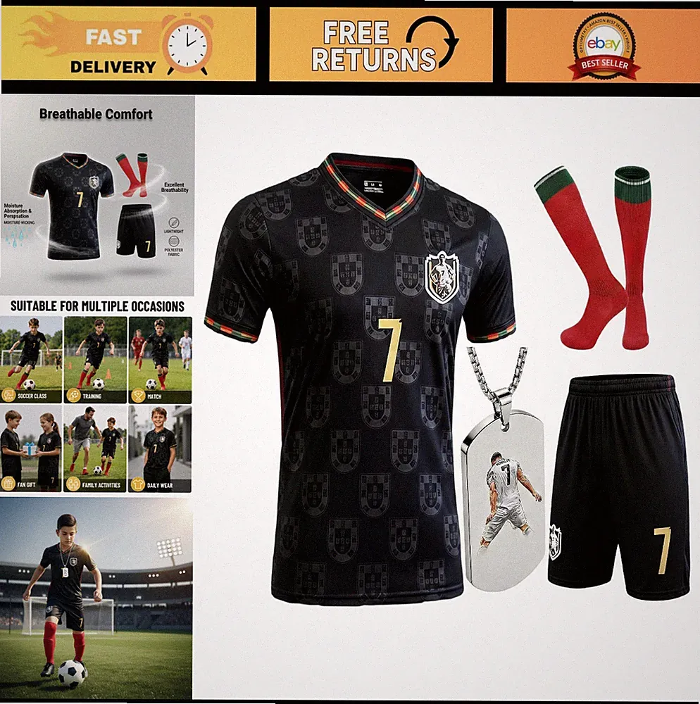Kids Soccer Jersey Set - Uniform Kit with Shirt, Shorts, Socks & Necklace #7 for