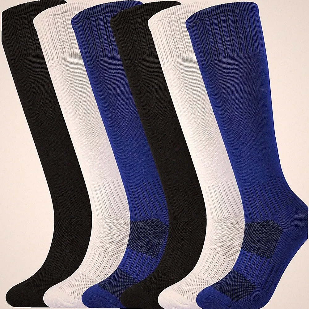 Kids Soccer Socks Boys Football Large, 6 Pairs, 2black + 2white + 2blue