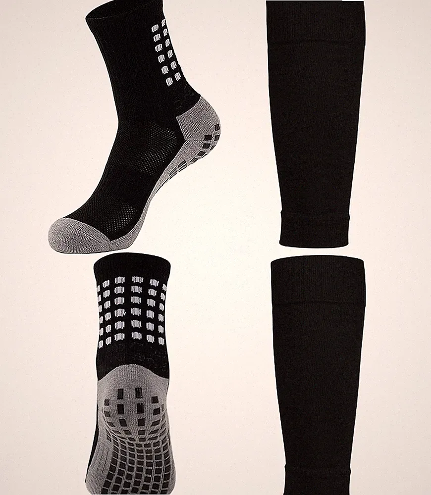 KMOLY 1 Set Kids Grip Soccer Socks and Shin Guard Sleeves for Age 7-14 Youth...