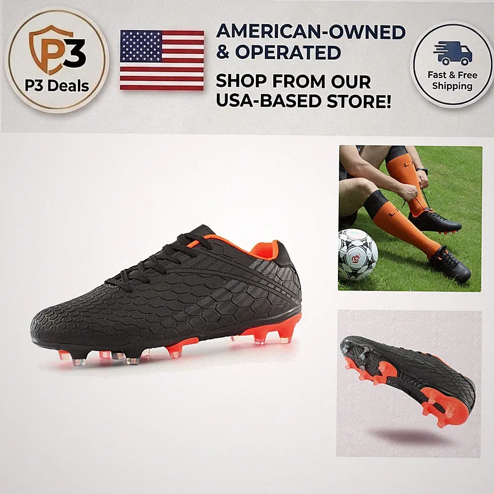 Lace-Up Black Soccer Cleats for Youth - Soft, Cushioned Upper, Firm Traction