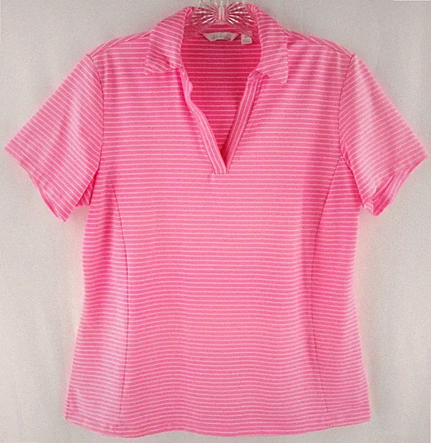 Lady Hagen Essentials Womens M Hot Pink White Striped Golf Polo V-Neck Stretch