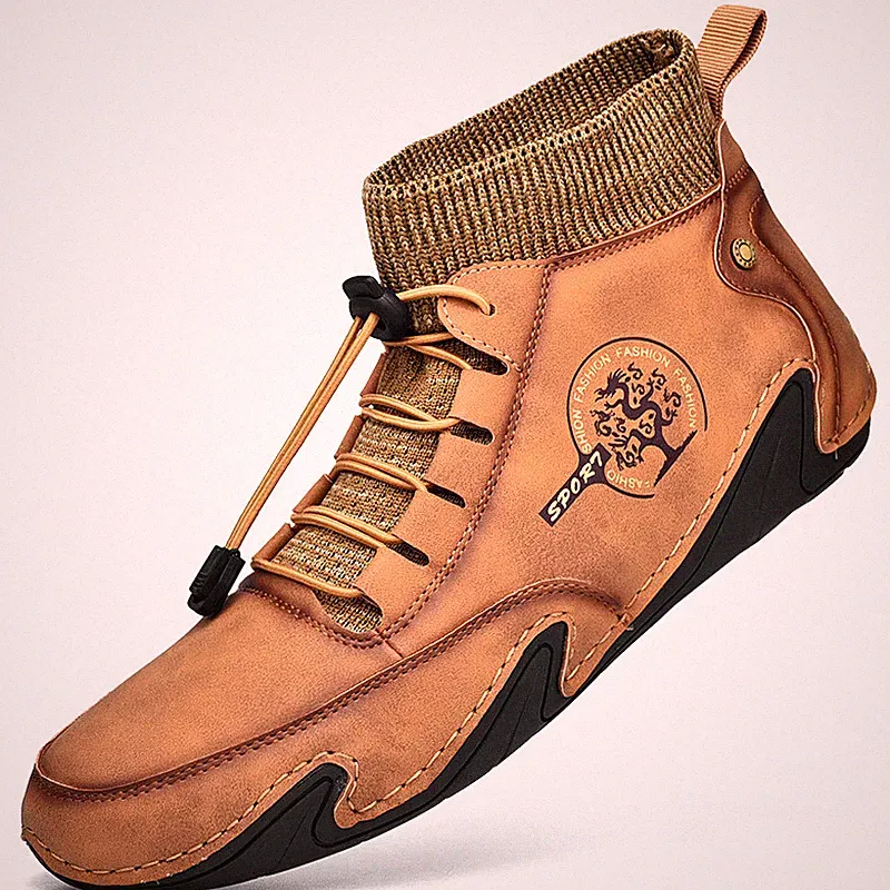 Leather Men Ankle Boots Vintage Casual Shoes High Top Hiking Driving Sneakers