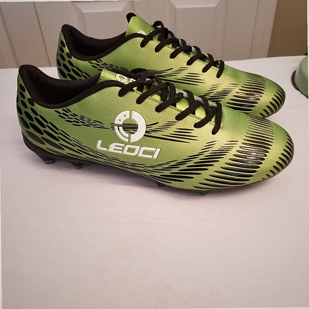 LEOCI Mens Soccer Cleats Metallic Lime Green Black Firm Ground Soccer Cleats 12