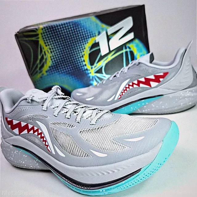 Li-Ning US 13 Men's Grey Blue White Red Basketball Boom Sonic XII Shark NIB