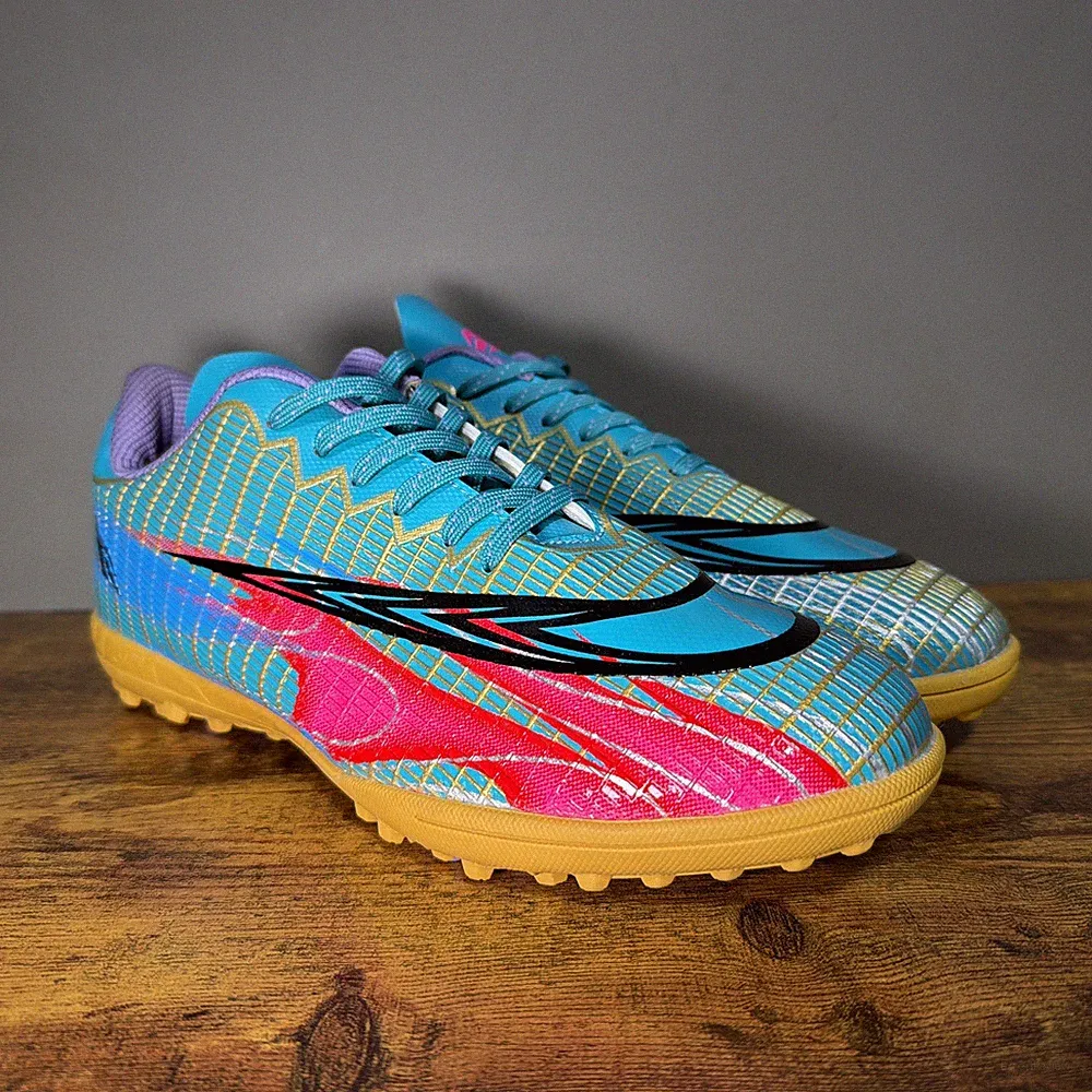 Linghuojian Mens 9.5 Soccer Cleats Multicolor Lace Up Round Toe Sneakers