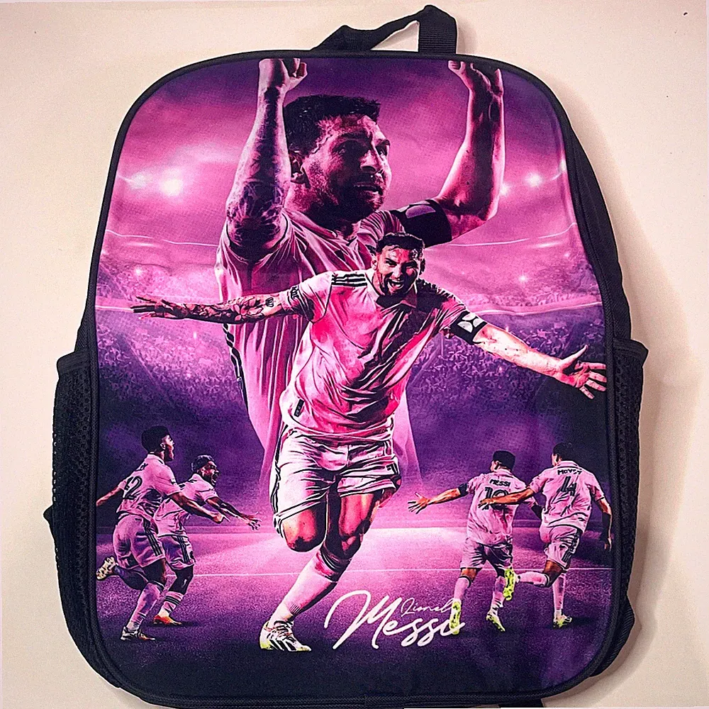 Lionel Messi International Club Soccer Backpack Player Graphic Black Purple