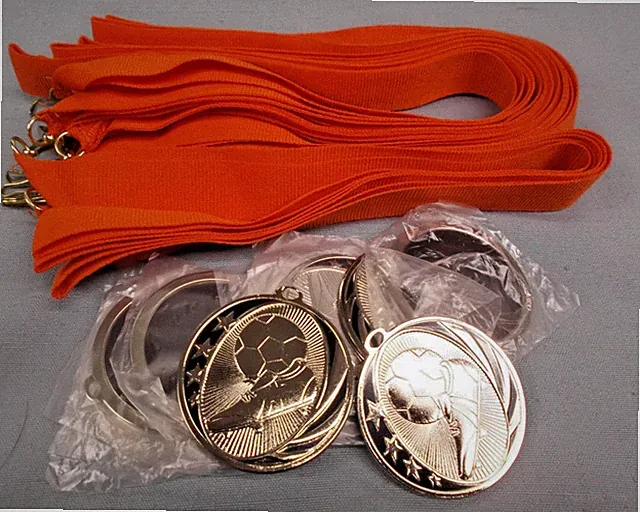 Lot of 13 Soccer Medals – 2″ Silver Star Style – Black Detail – Orange Drape
