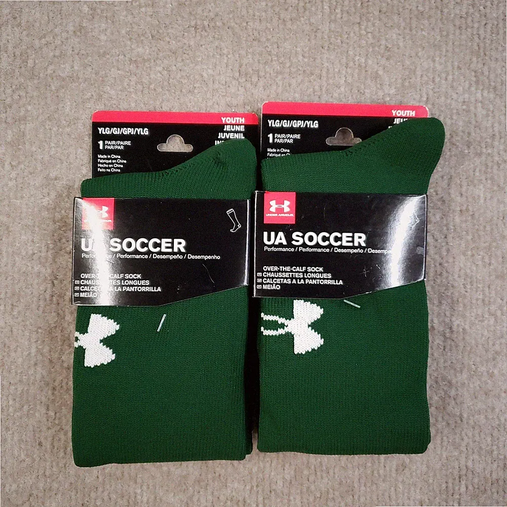 Lot of 2 Pairs Under Armour Soccer Socks Youth 13.5-4.5 Green Over The Calf