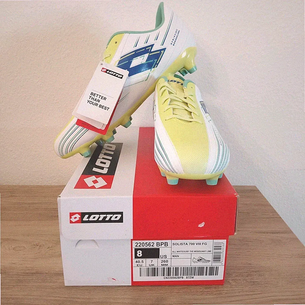 Lotto Mens Soccer Cleats Size 8 Solista 700 VIII FG White Sunny Lime Blue NIB