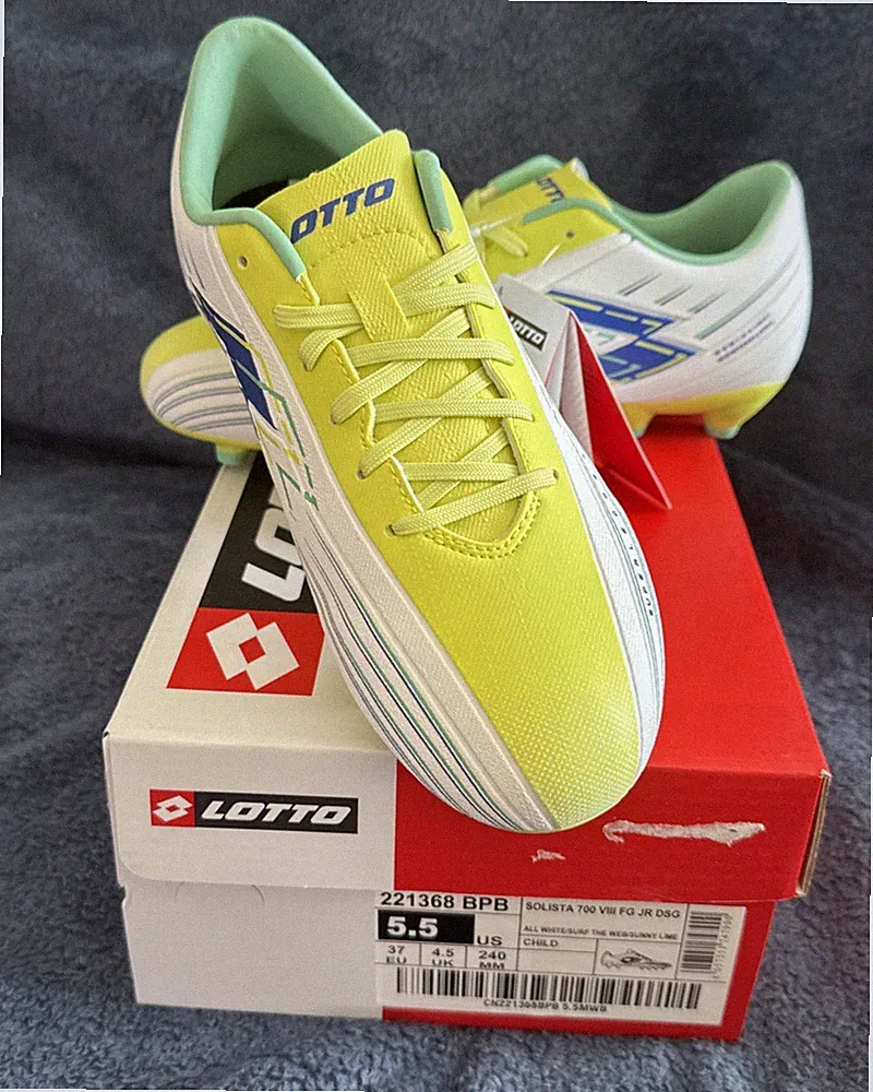 Lotto Solista 700 VIII FG JR Kids Soccer Shoes Cleats White /Lime Size 5.5 Youth