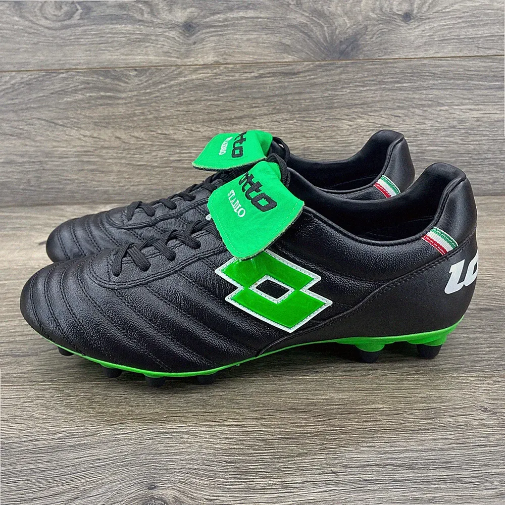 Lotto Stadio Black Green Leather Soccer Cleats Football Boots Men US 9.5 EU 42.5