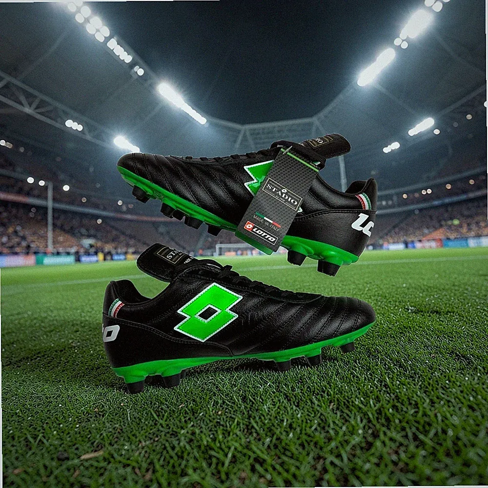 Lotto Stadio Soccer Cleats US 7 EU 39 Black Green K Leather Made In Italy FG