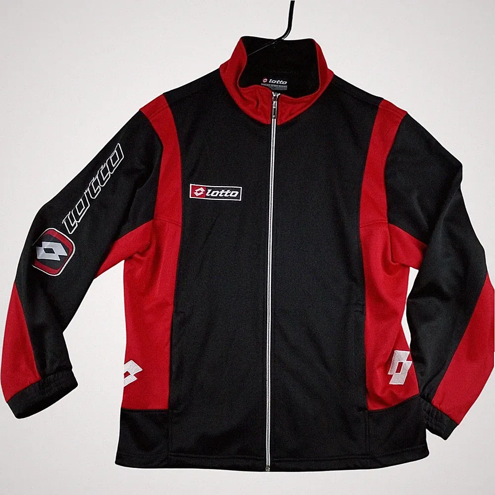 Lotto Track Jacket Mens Large Black Red Full Zip Italian Sport Athletic Soccer