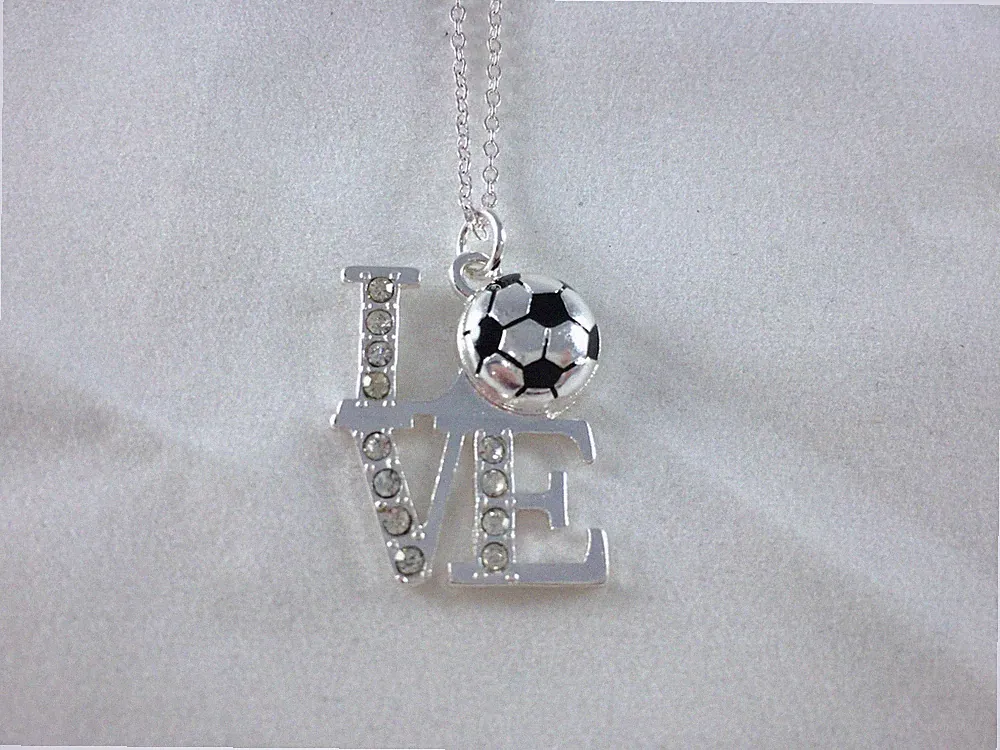 Love Soccer Silver Tone with Rhinestone Accents Pendant Necklace Team