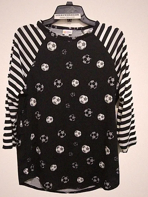 LULAROE Randy Black and White Striped Sleeves Soccer Ball Print Shirt size L